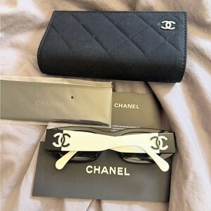 CHANEL 5525 Black and White CC Logo Rectangular Sunglasses